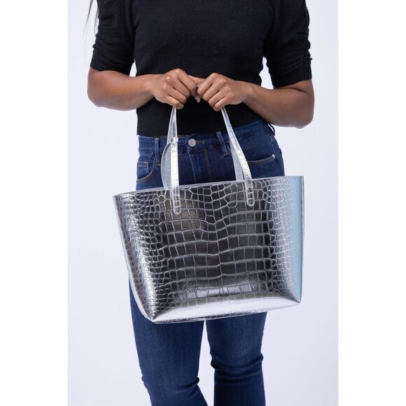 Mansur Gavriel Large Metallic Croc Tote Silver Womens Size OS - Picture 3 of 15